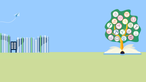 A abstract graphic drawing of Recrorate Headquarters Building of Roma Tre and a flying paper airplane in the sky on the left. As well as a tree growing from an open book on the right side, with each leaf containing an icon representing different academic subjects like science, art, engineering, and finance.