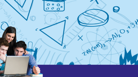 A graphic illustration with scientific and mathematical symbols on a blue background, including geometric shapes and chemical formulas.