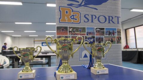 cups and medals from tournaments won by university sports teams at Roma Tre