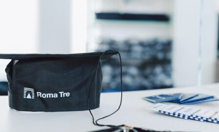 products of official merchandising for sale at the Roma Tre UniStore