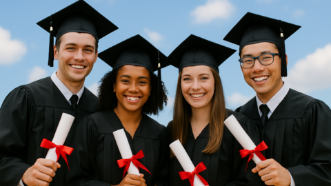 Group of students wearing black graduation gowns and caps with red tassels, standing together outdoors. A picture symbolizing a graduation ceremony.